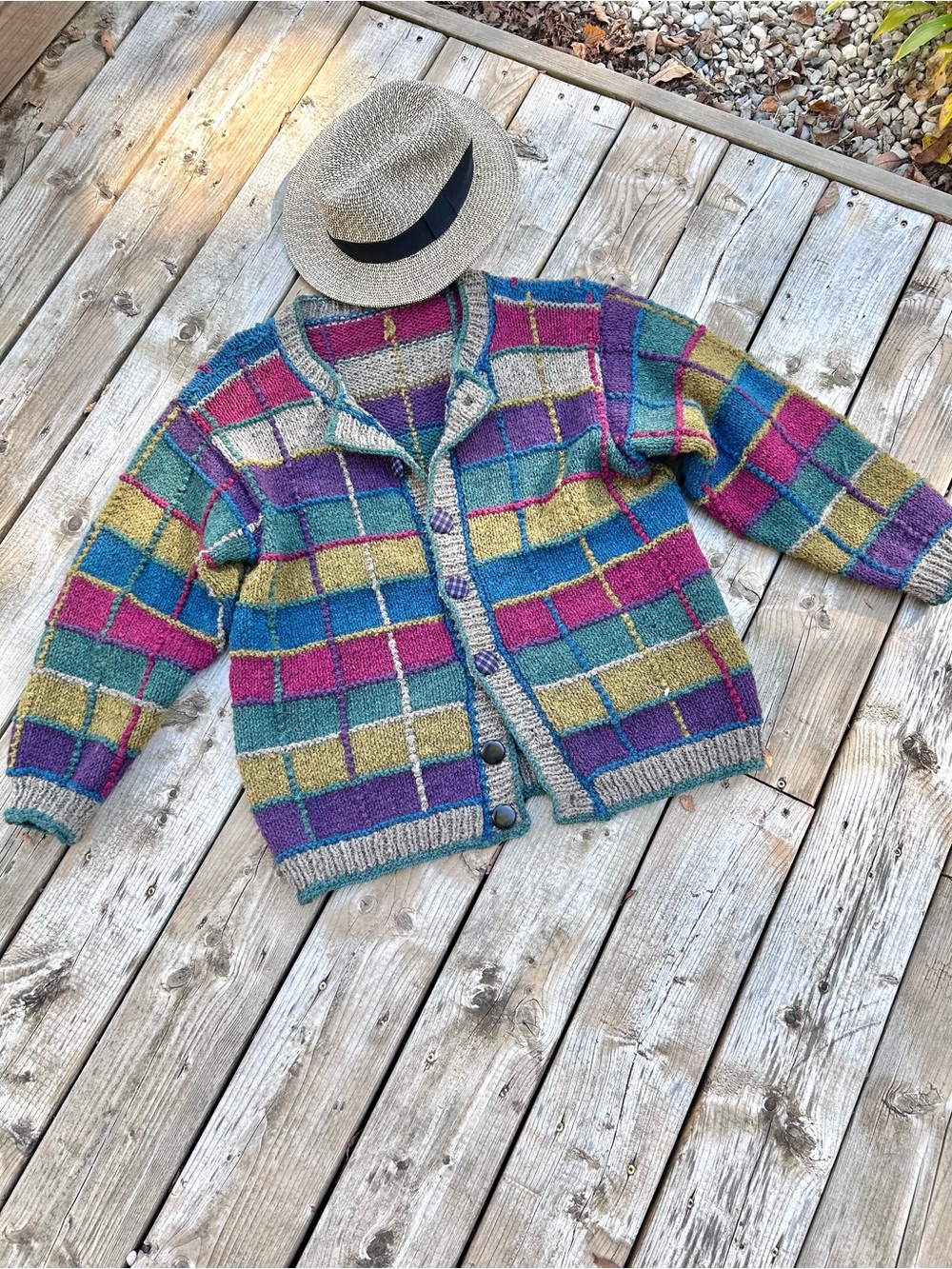 Artisan patchwork vibe boho wool knit sweater w cottagecore country prairie vibe - Picture 5 of 16